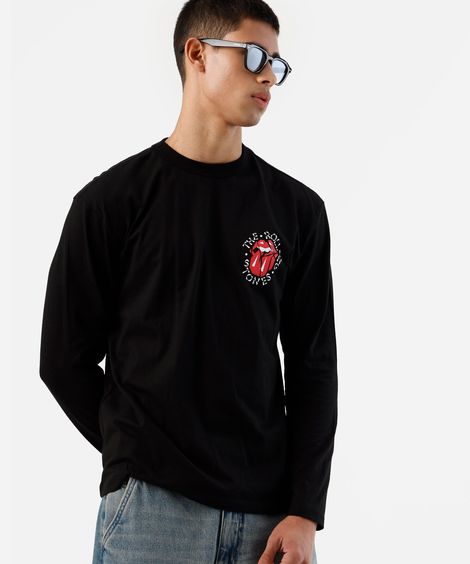 camiseta masculina de algodão manga longa the rolling stones preta