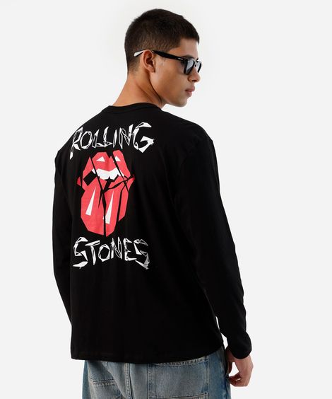 camiseta masculina de algodão manga longa the rolling stones preta
