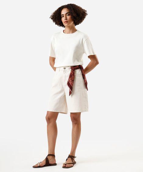 bermuda feminina de sarja cintura média com lenço bege