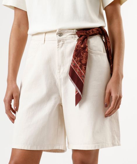 bermuda feminina de sarja cintura média com lenço bege