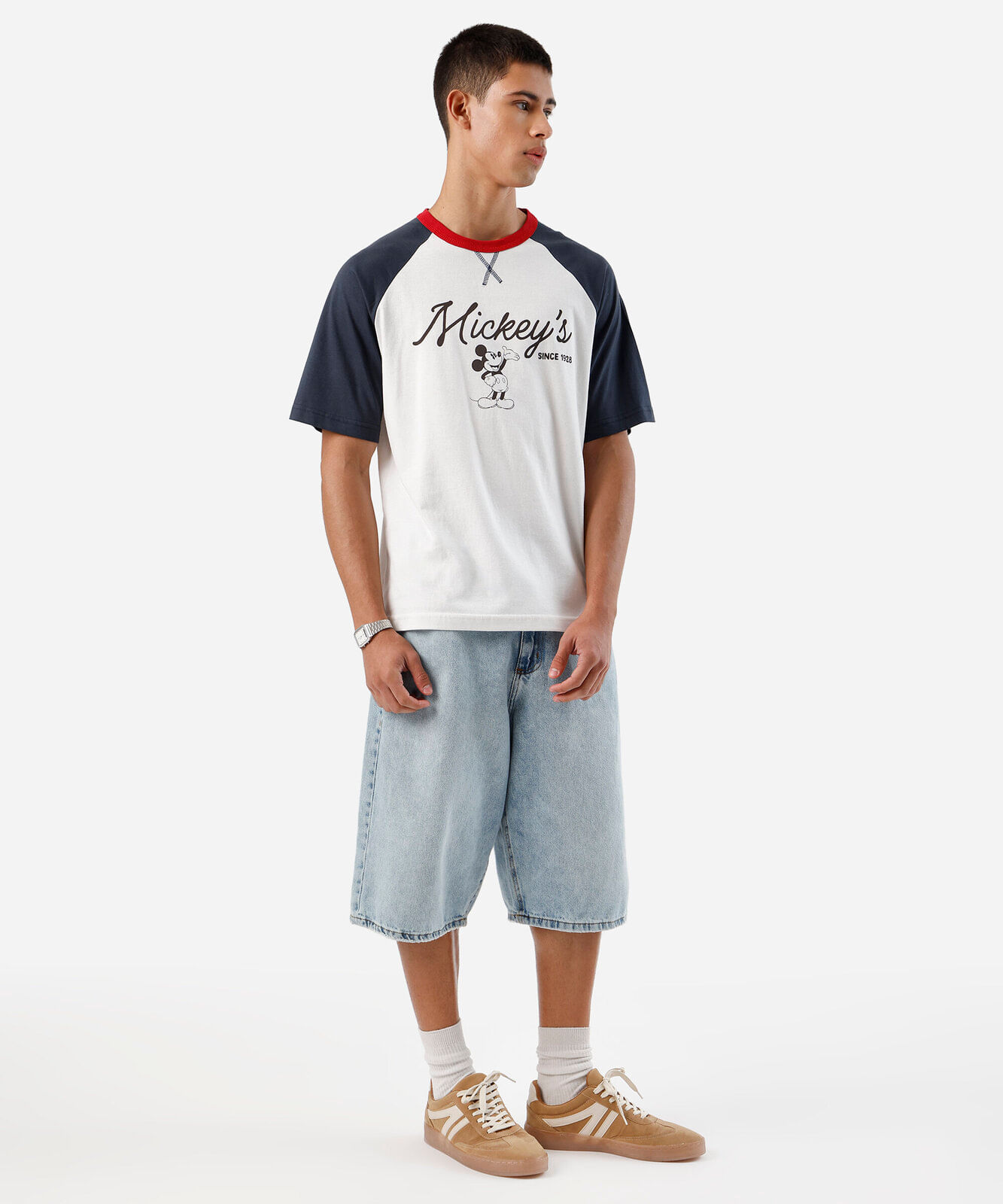camiseta raglan masculina de algodão mickey off white
