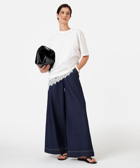 calça pantalona feminina jeans cintura alta azul