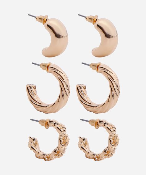 kit de 3 brincos argolas bold torcida dourado