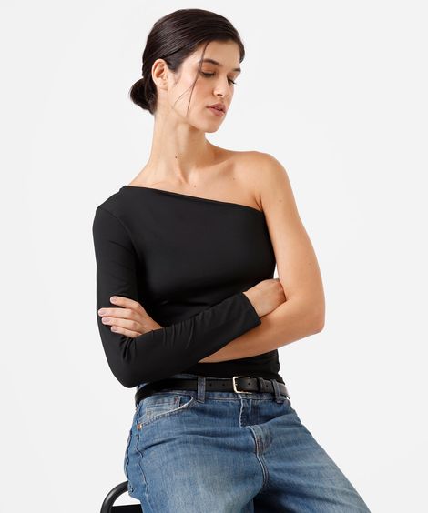 blusa ombro único feminina manga longa preta