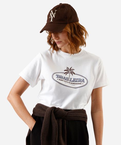 camiseta feminina com algodão manga curta estampada off white