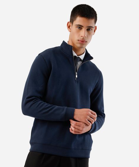 blusão masculino de moletom gola alta com zíper azul