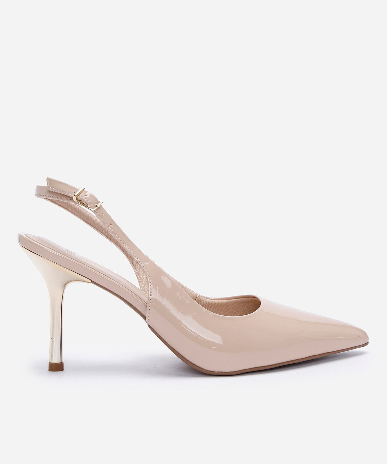 scarpin bico fino feminino salto fino com fivela bege