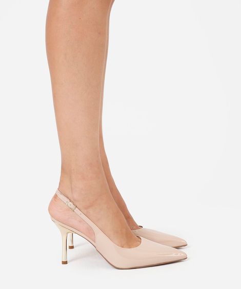 scarpin bico fino feminino salto fino com fivela bege