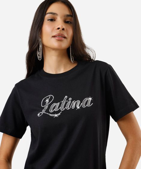 camiseta feminina de algodão manga curta latina com brilhos preta