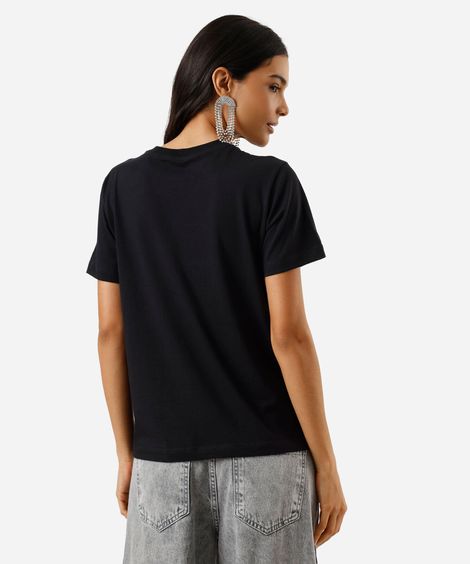 camiseta feminina de algodão manga curta latina com brilhos preta