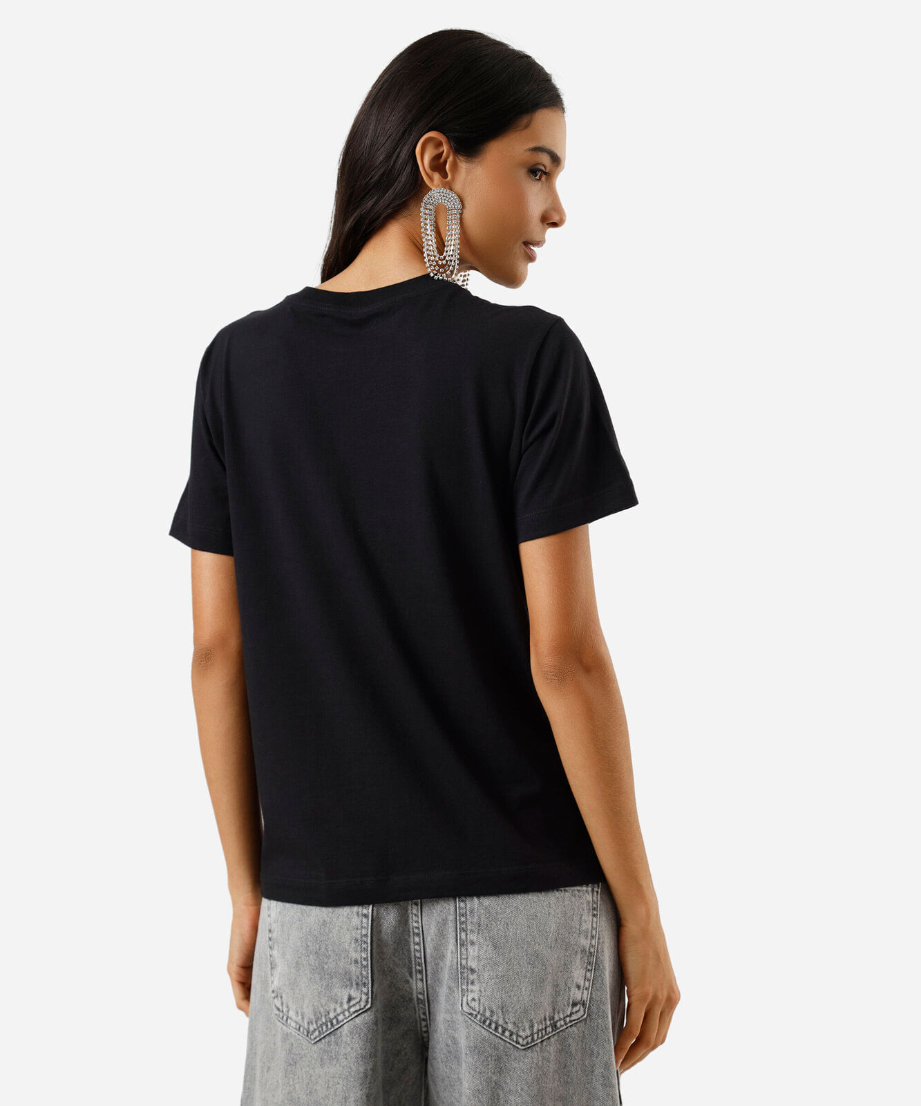 camiseta feminina de algodão manga curta latina com brilhos preta
