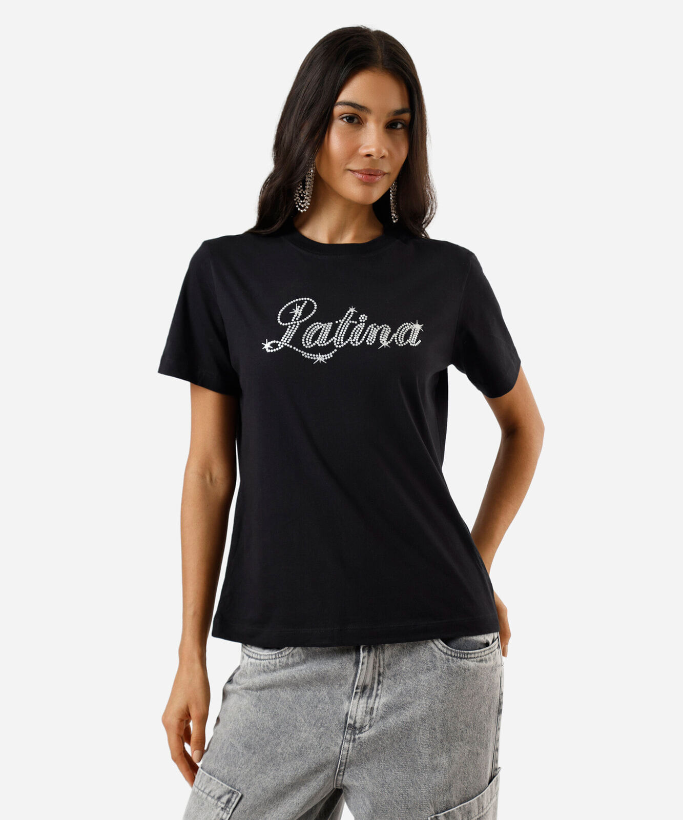 camiseta feminina de algodão manga curta latina com brilhos preta