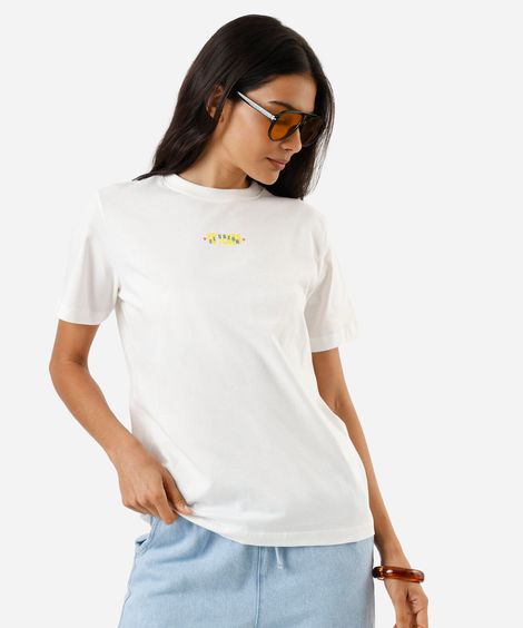 camiseta feminina de algodão manga curta estampada off white