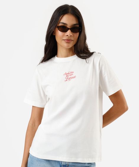 camiseta feminina de algodão manga curta estampada off white