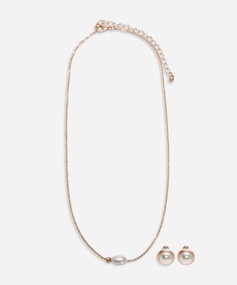 kit brinco e colar de pérola dourado