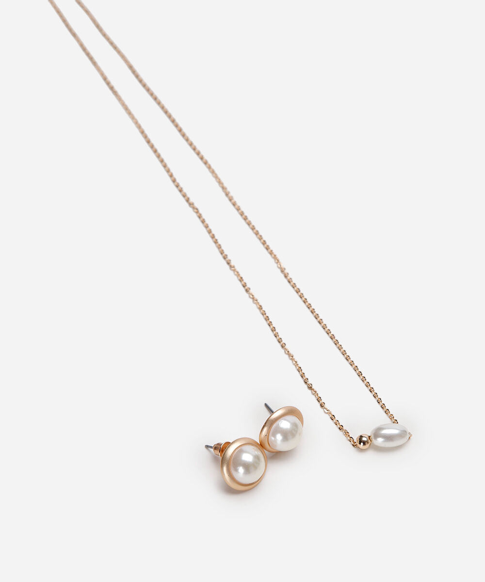 kit brinco e colar de pérola dourado