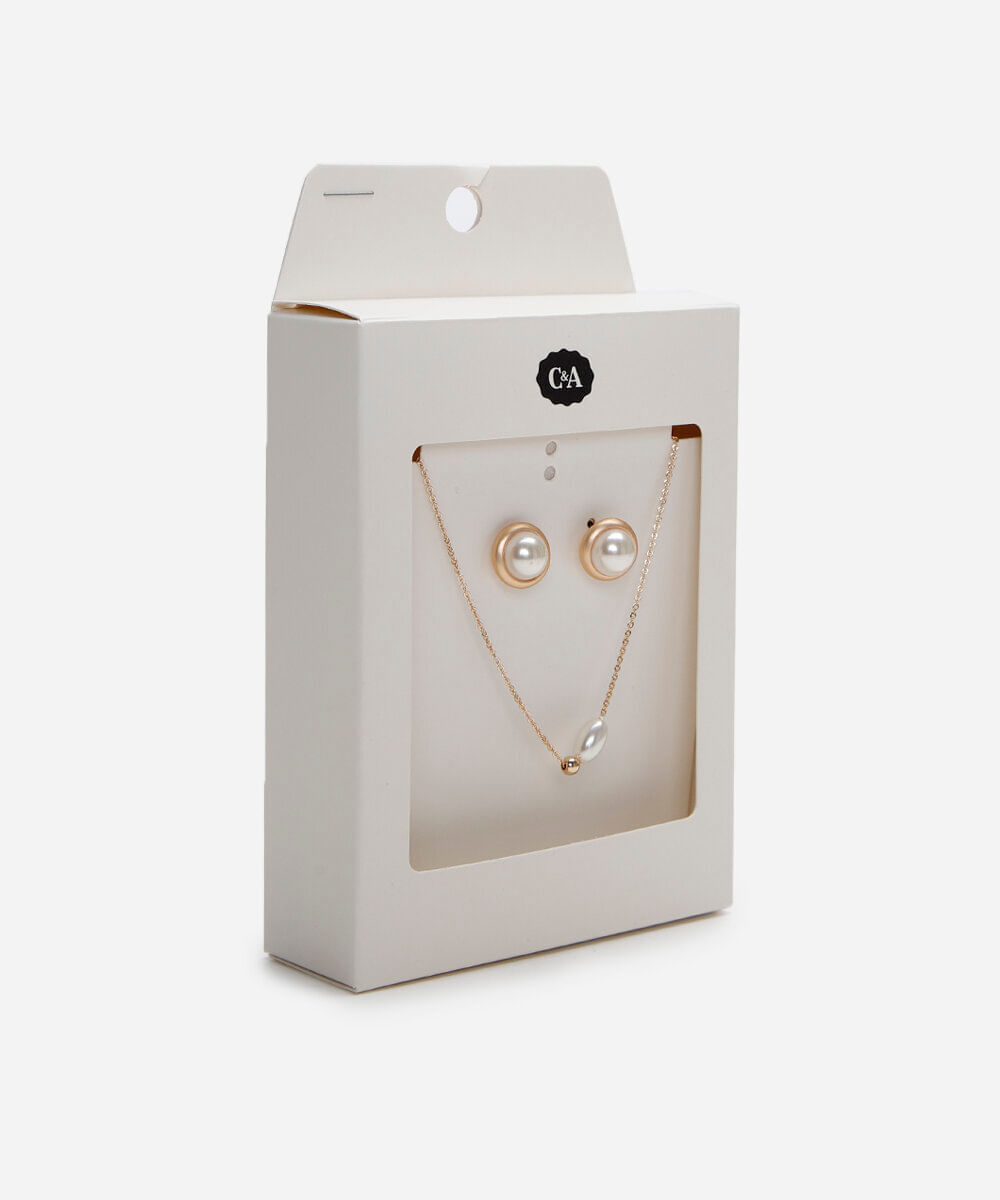 kit brinco e colar de pérola dourado