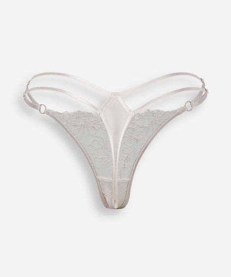 calcinha string fio dental feminina com renda floral bege