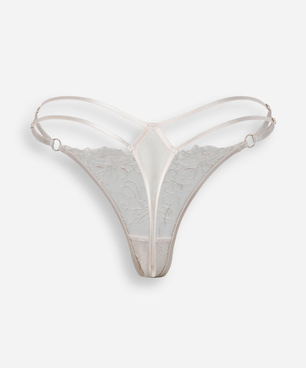 calcinha string fio dental feminina com renda floral bege