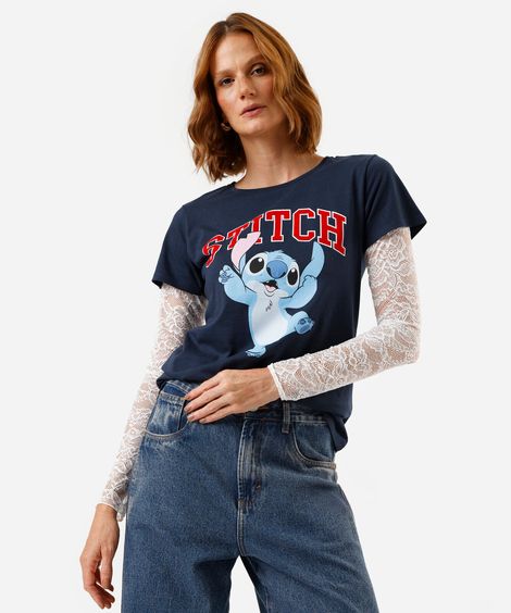 camiseta feminina de algodão manga curta stitch azul