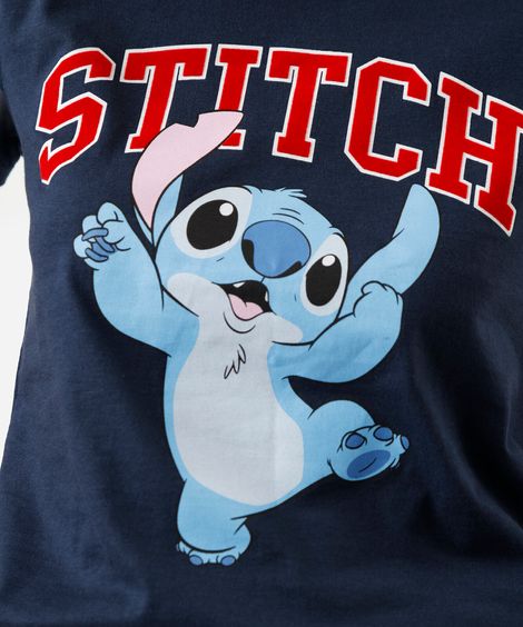 camiseta feminina de algodão manga curta stitch azul