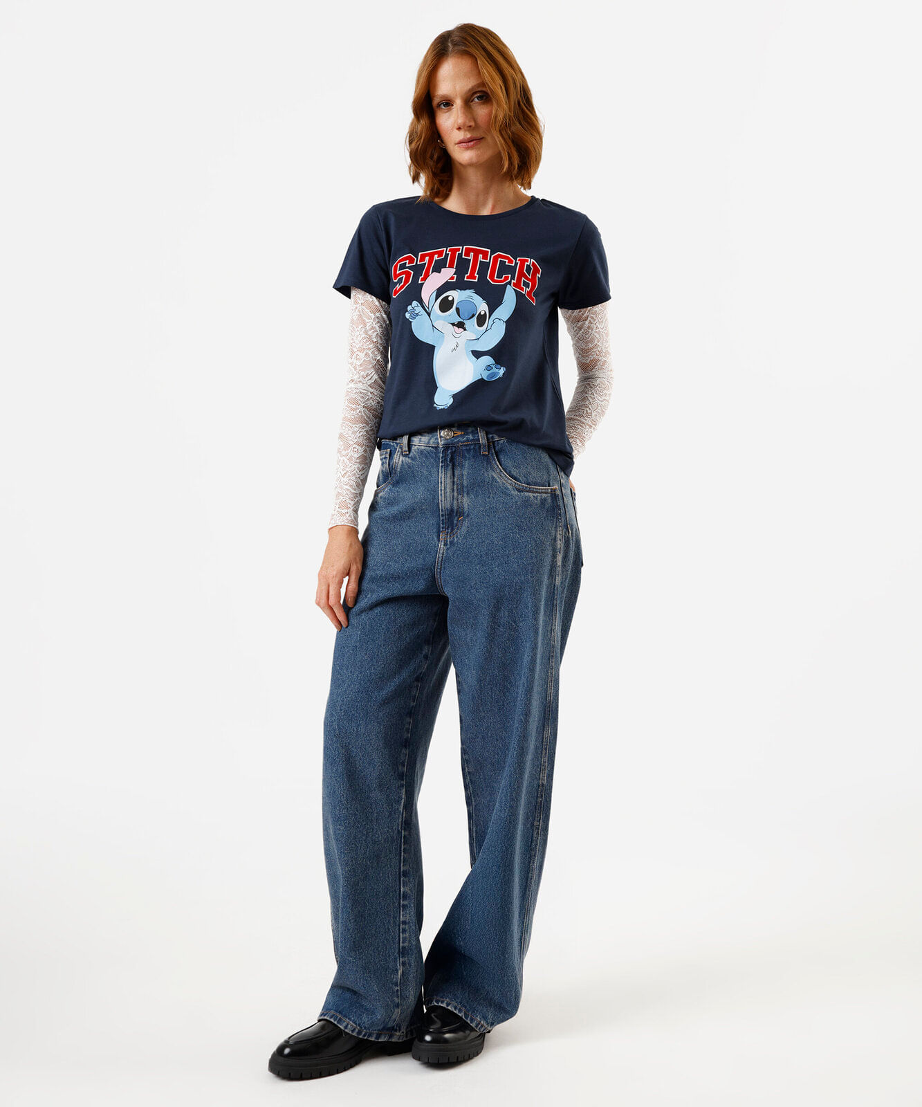 camiseta feminina de algodão manga curta stitch azul