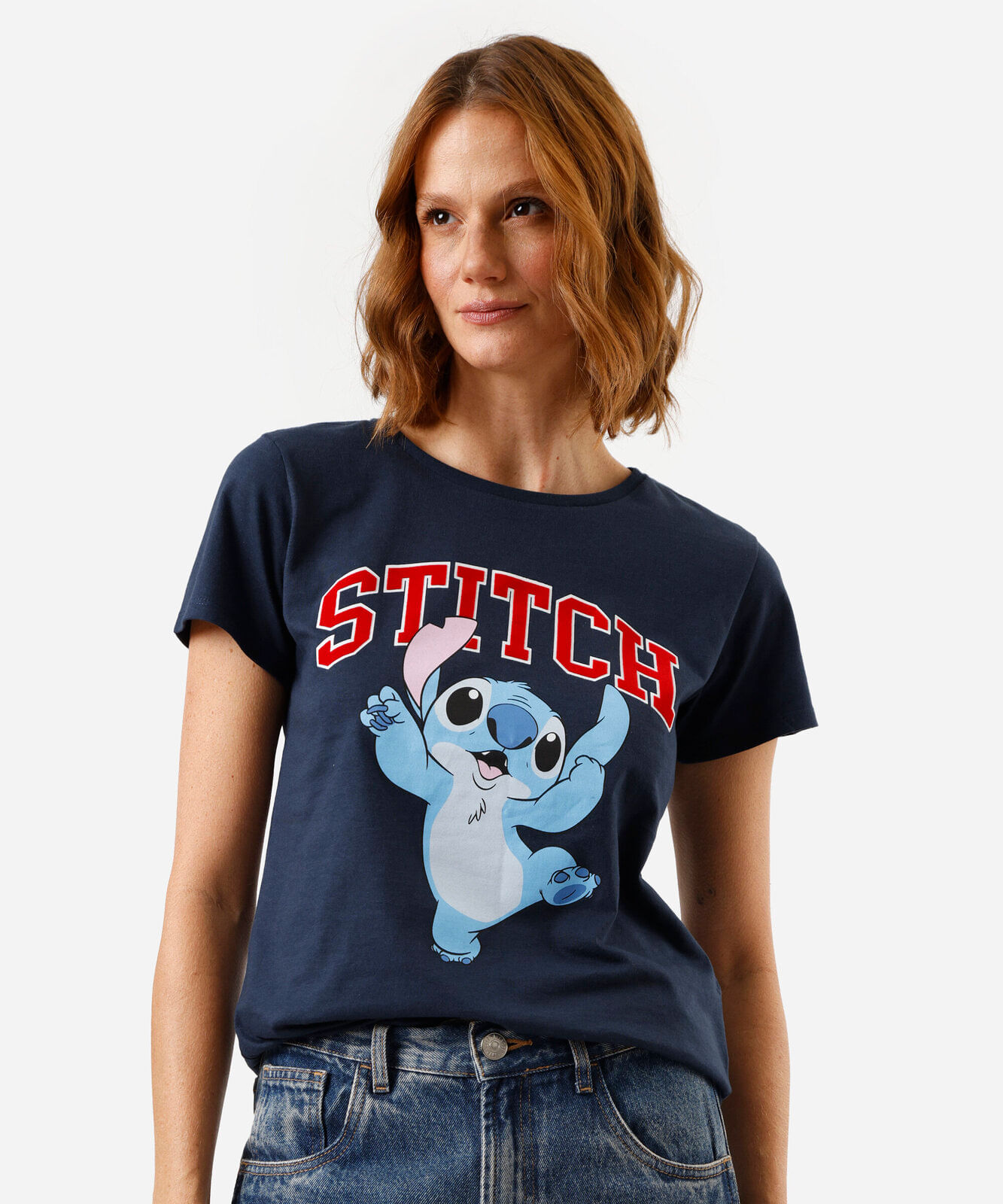 camiseta feminina de algodão manga curta stitch azul
