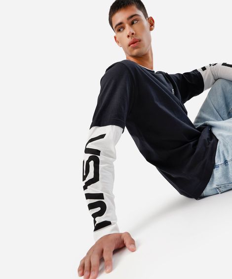 camiseta masculina de algodão manga longa nasa preta