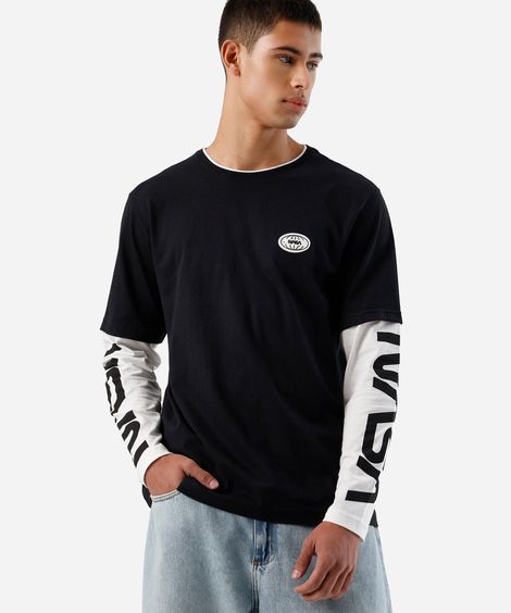 camiseta masculina de algodão manga longa nasa preta