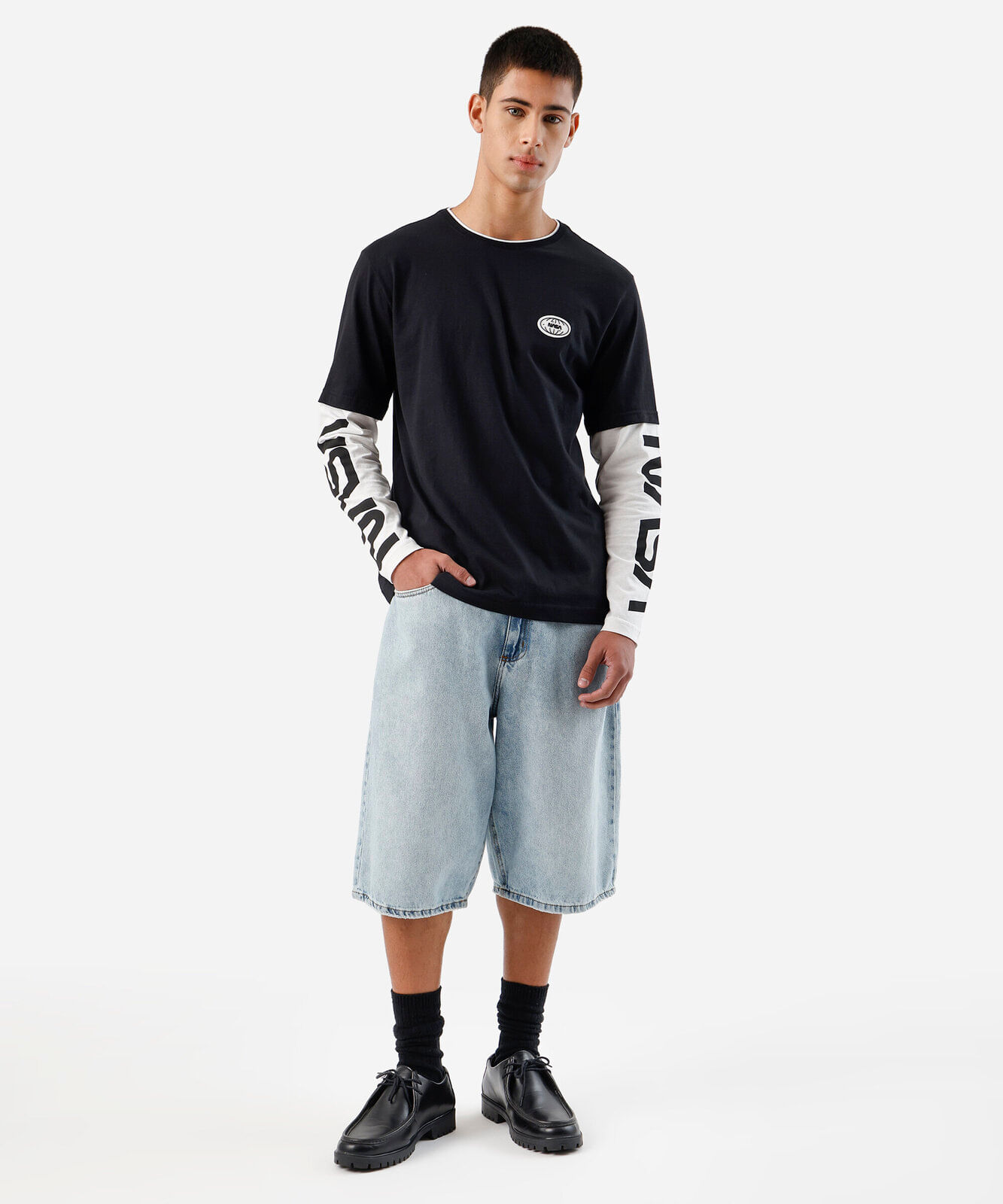 camiseta masculina de algodão manga longa nasa preta