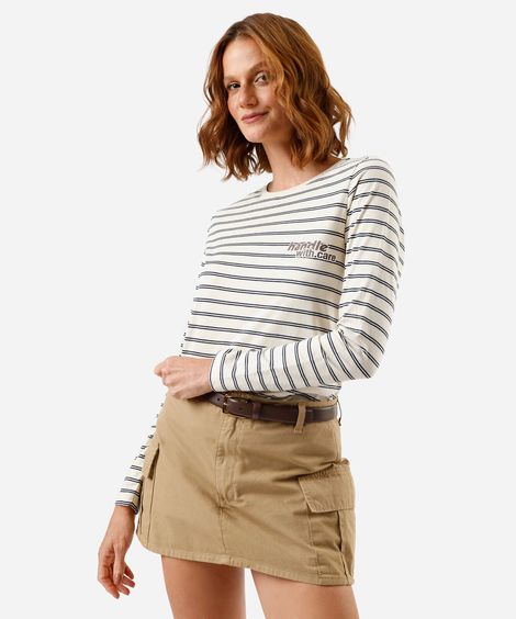 camiseta feminina com algodão manga longa listrada colorida