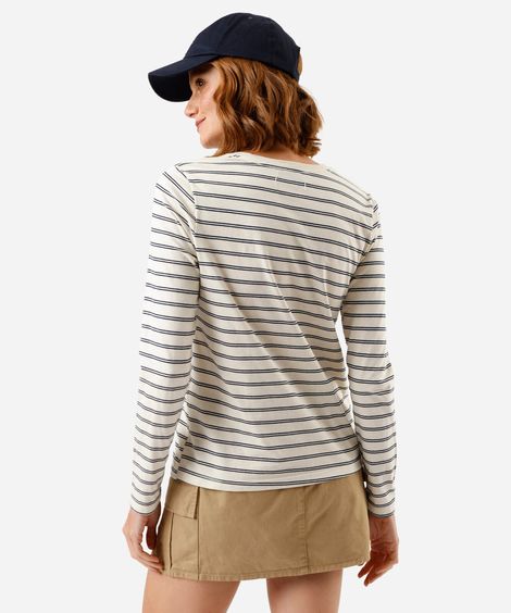 camiseta feminina com algodão manga longa listrada colorida