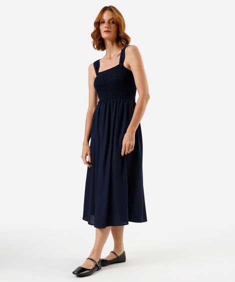 vestido midi feminino com linho franzido azul