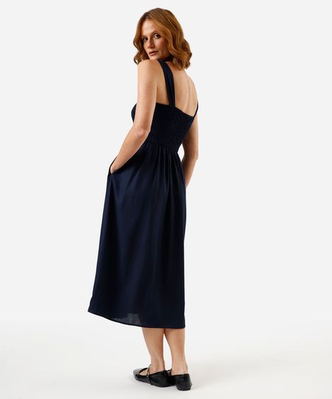 vestido midi feminino com linho franzido azul