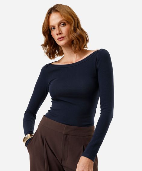blusa feminina de algodão decote canoa manga longa canelada azul