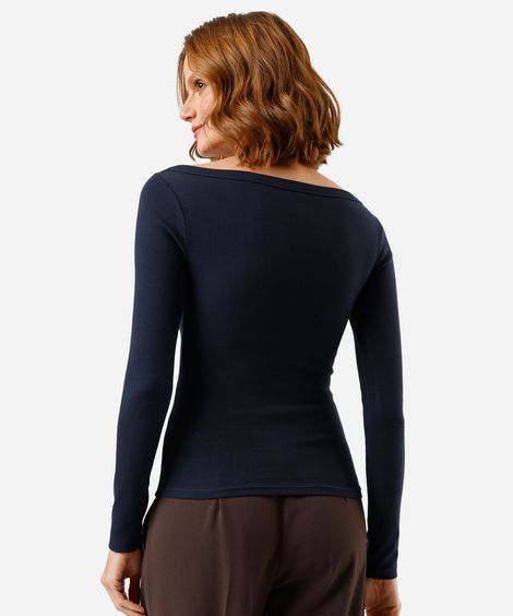 blusa feminina de algodão decote canoa manga longa canelada azul