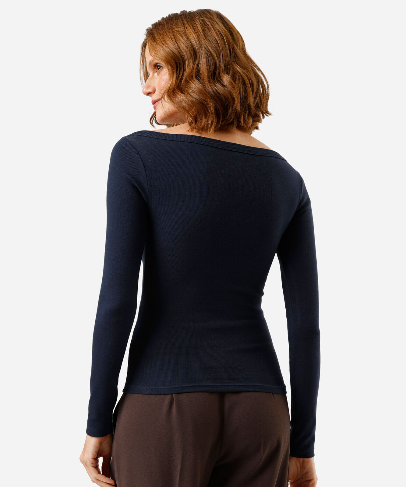 blusa feminina de algodão decote canoa manga longa canelada azul