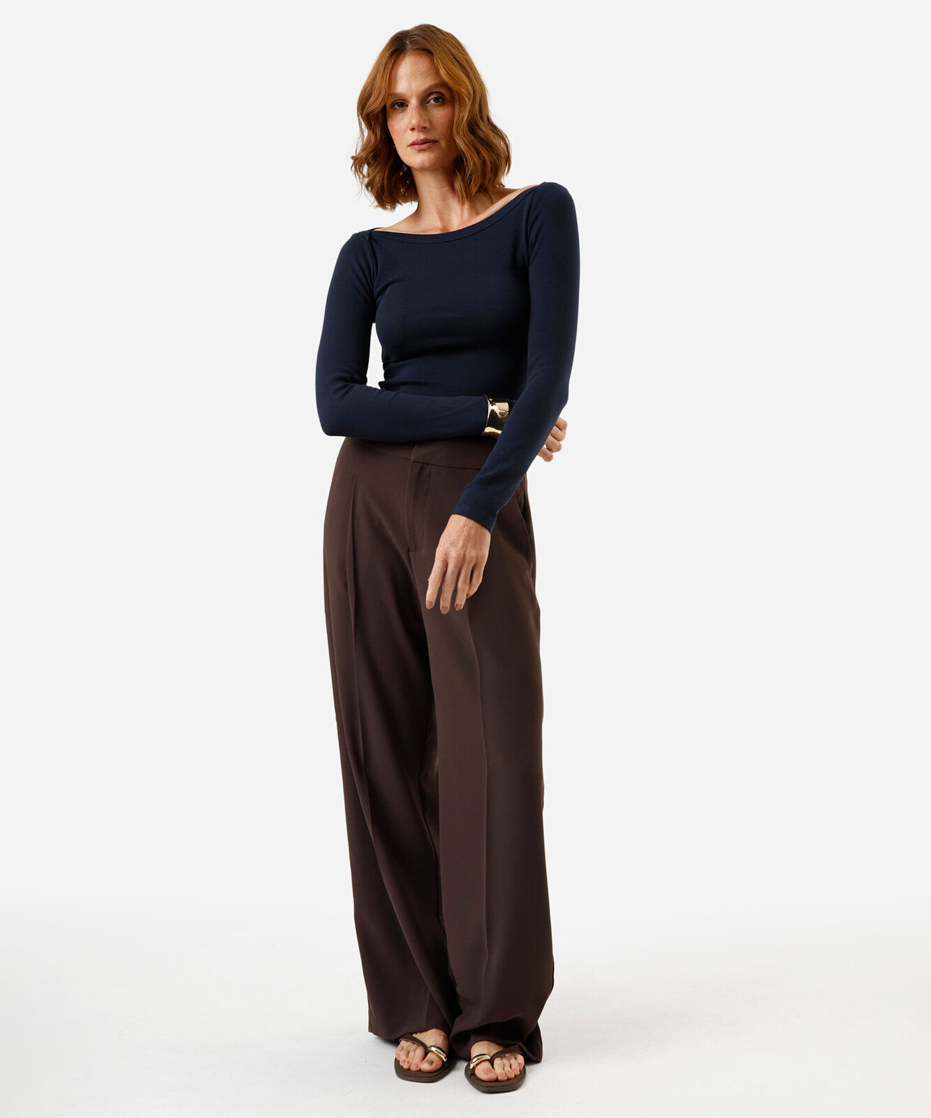 blusa feminina de algodão decote canoa manga longa canelada azul