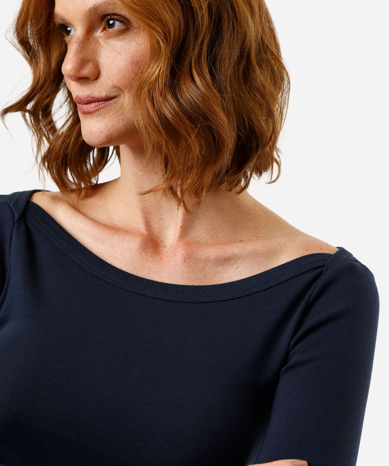 blusa feminina de algodão decote canoa manga longa canelada azul