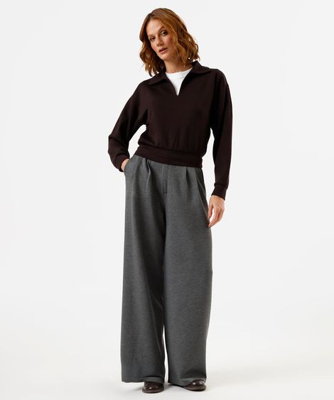 calça wide leg de alfaiataria feminina com pregas cinza