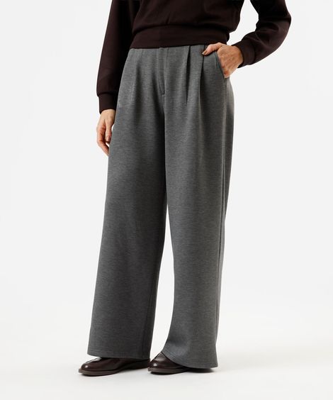 calça wide leg de alfaiataria feminina com pregas cinza