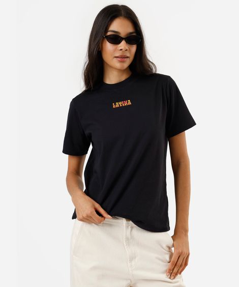 camiseta feminina de algodão manga curta estampada preta