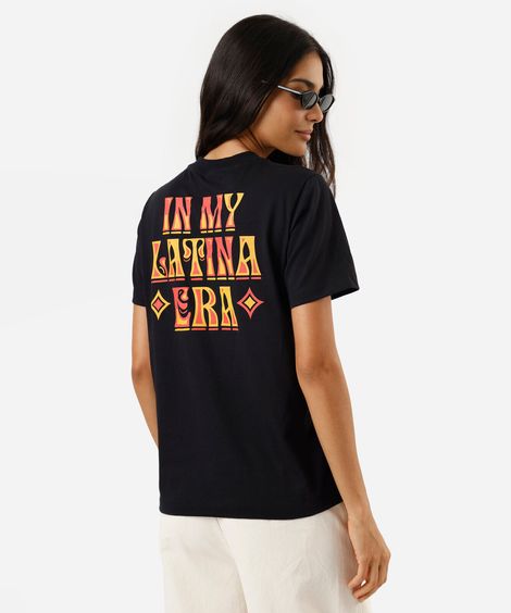 camiseta feminina de algodão manga curta estampada preta