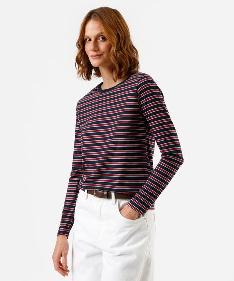 camiseta feminina com algodão manga longa listrada azul