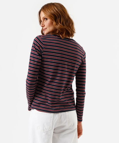camiseta feminina com algodão manga longa listrada azul