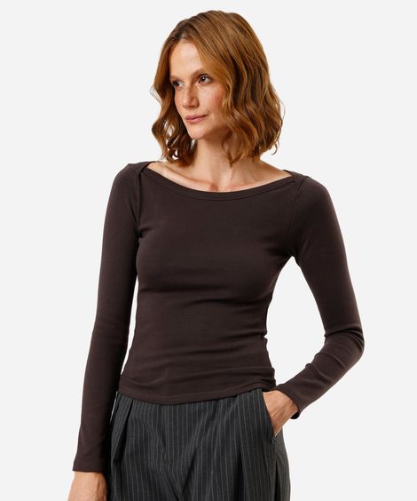 blusa feminina de algodão decote canoa manga longa canelada marrom