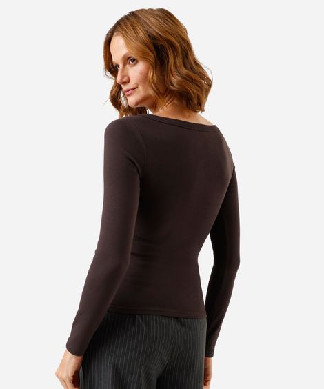 blusa feminina de algodão decote canoa manga longa canelada marrom