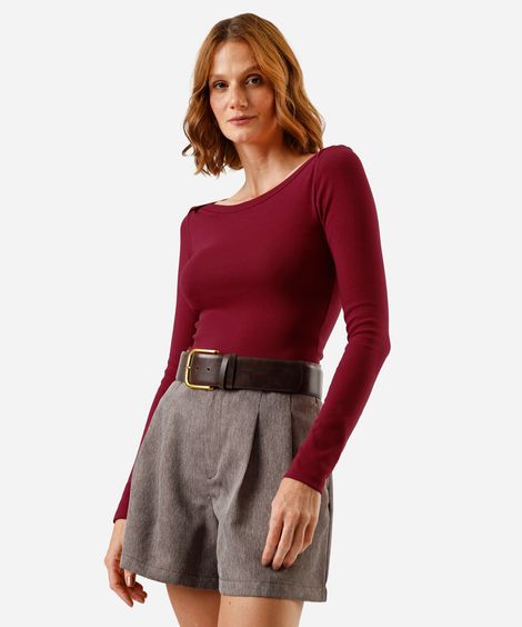 blusa feminina de algodão decote canoa manga longa canelada  vinho