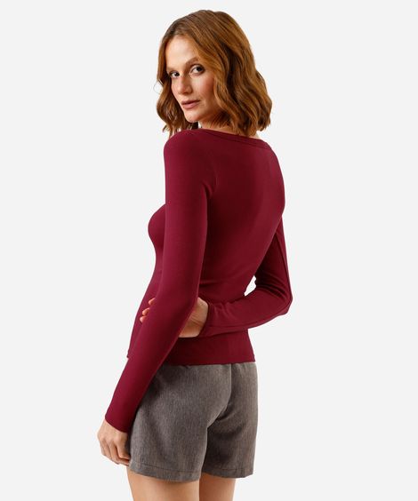 blusa feminina de algodão decote canoa manga longa canelada  vinho
