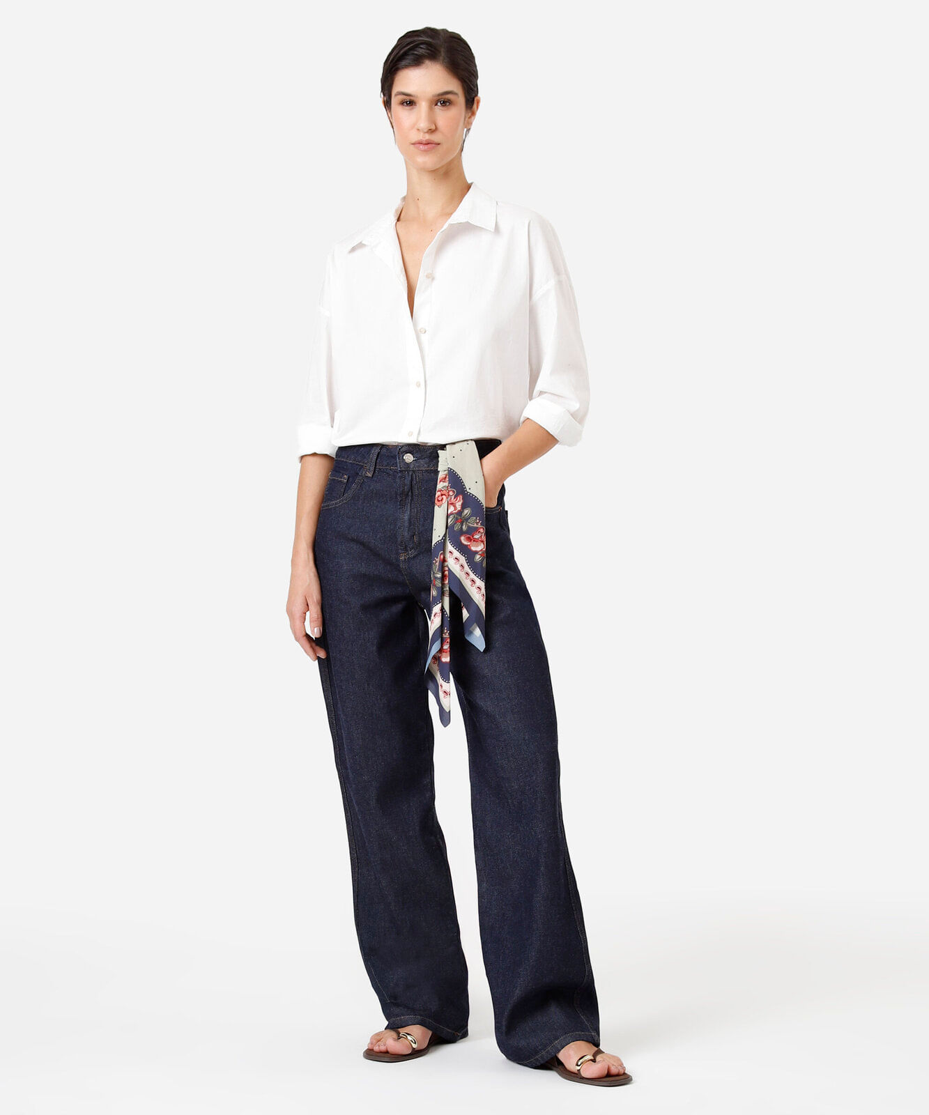 calça wide leg slim feminina jeans cintura alta com lenço azul